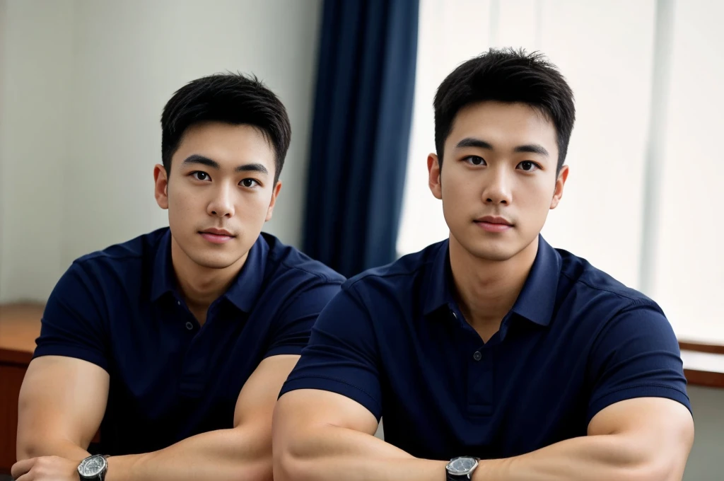A male police officer in his 20s poses for a group photo., Wear a navy blue polo shirt., high resolution, Masterpiece, best quality, head:1.3,, Smooth and fine skin, clear focus, (movie light), during the night, gentle light, Dynamic angle, (detailed face:1.2), (((exercise))), sport, His arm muscles were very big., hand in crotch, in his office