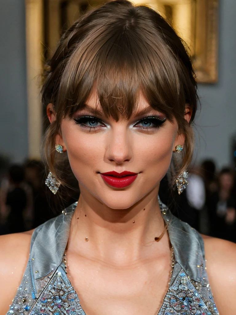 photorealistic portrait of 1 woman, xtaylor, swift, beautiful detailed eyes, beautiful detailed lips, extremely detailed face, long eyelashes, glamorous makeup, sexy gothic dress, holding a microphone, from the waist up, on the scene, (best quality,4k,8k,highres,masterpiece:1.2),ultra-detailed,(realistic,photorealistic,photo-realistic:1.37),studio lighting,vivid colors,portrait