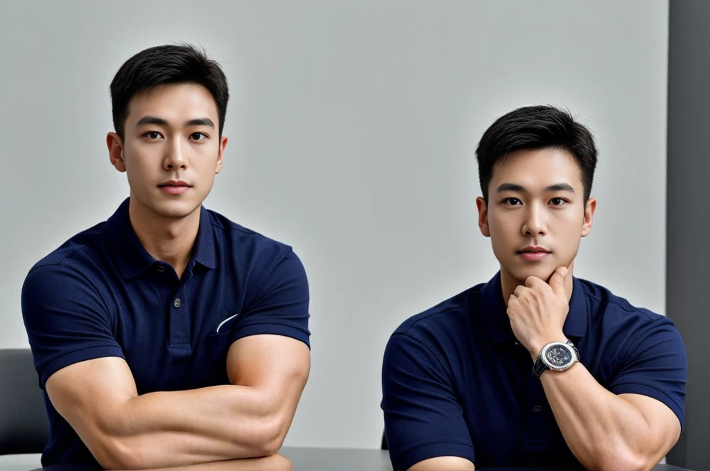 A male police officer in his 20s poses for a group photo., Wear a navy blue polo shirt., high resolution, Masterpiece, best quality, head:1.3,, Smooth and fine skin, clear focus, (movie light), during the night, gentle light, Dynamic angle, (detailed face:1.2), (((exercise))), sport, His arm muscles were very big., hand in crotch, in his office
