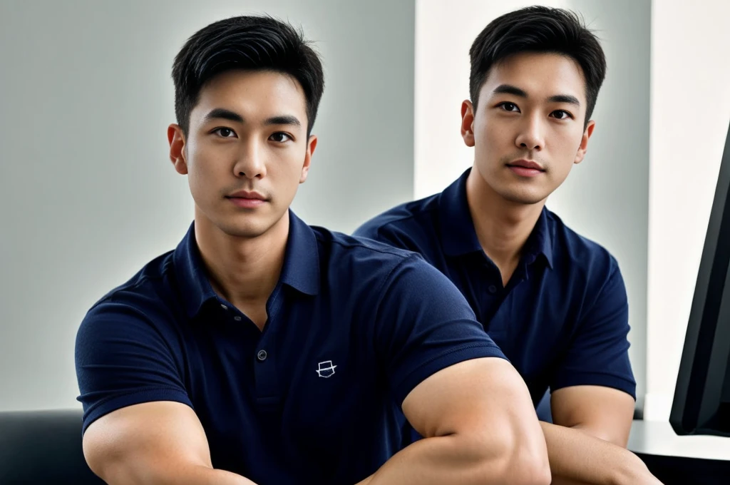 A male police officer in his 20s poses for a group photo., Wear a navy blue polo shirt., high resolution, Masterpiece, best quality, head:1.3,, Smooth and fine skin, clear focus, (movie light), during the night, gentle light, Dynamic angle, (detailed face:1.2), (((exercise))), sport, His arm muscles were very big., hand in crotch, in his office