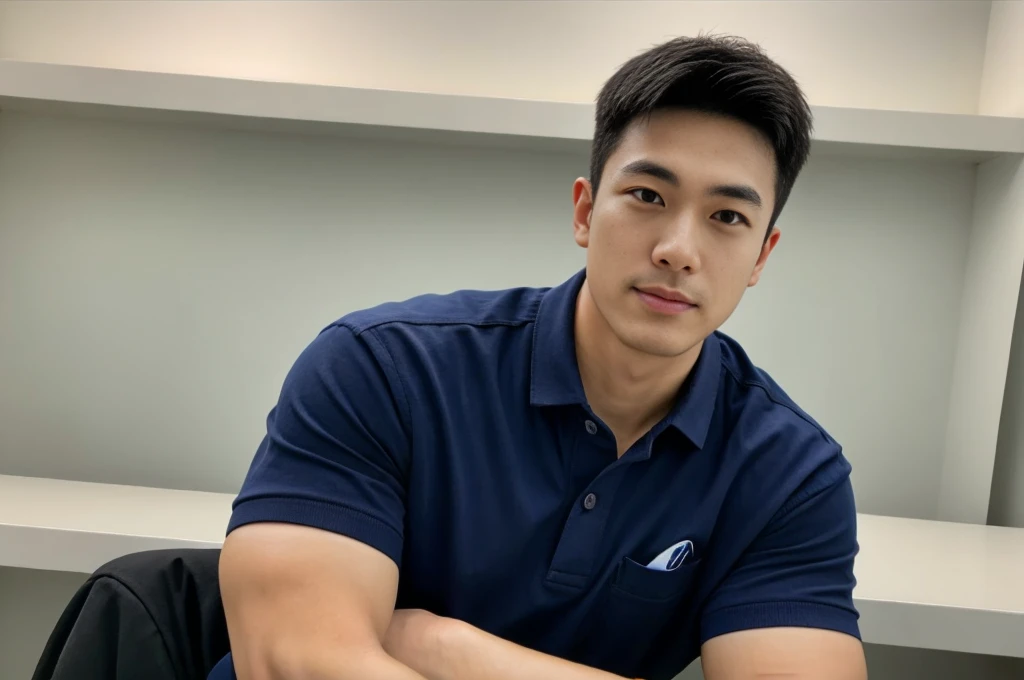 A male police officer in his 20s poses for a group photo., Wear a navy blue polo shirt., high resolution, Masterpiece, best quality, head:1.3,, Smooth and fine skin, clear focus, (movie light), during the night, gentle light, Dynamic angle, (detailed face:1.2), (((exercise))), sport, His arm muscles were very big., hand in crotch, in his bedroom ,natural and delicate,