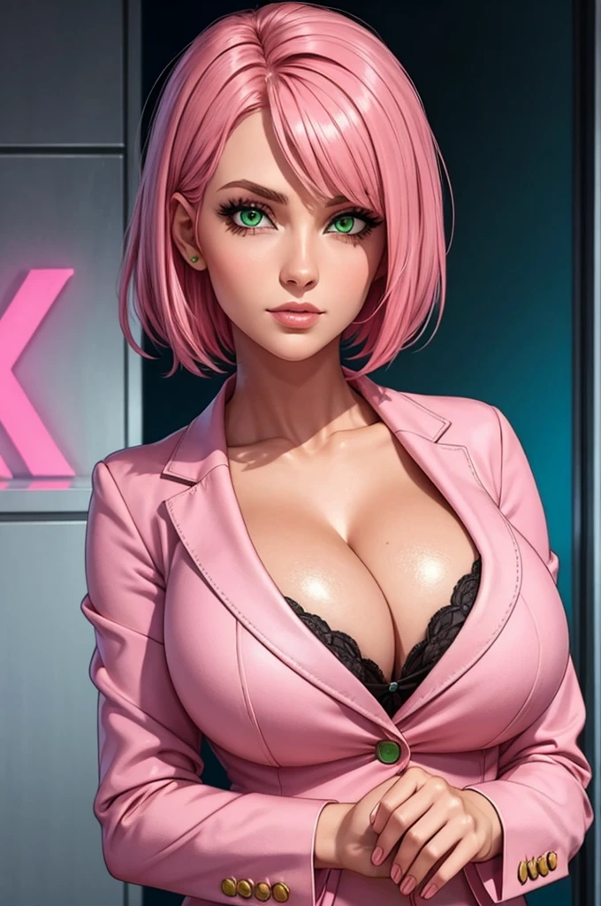 woman in a suit, short pink hair, green eyes, cleavage