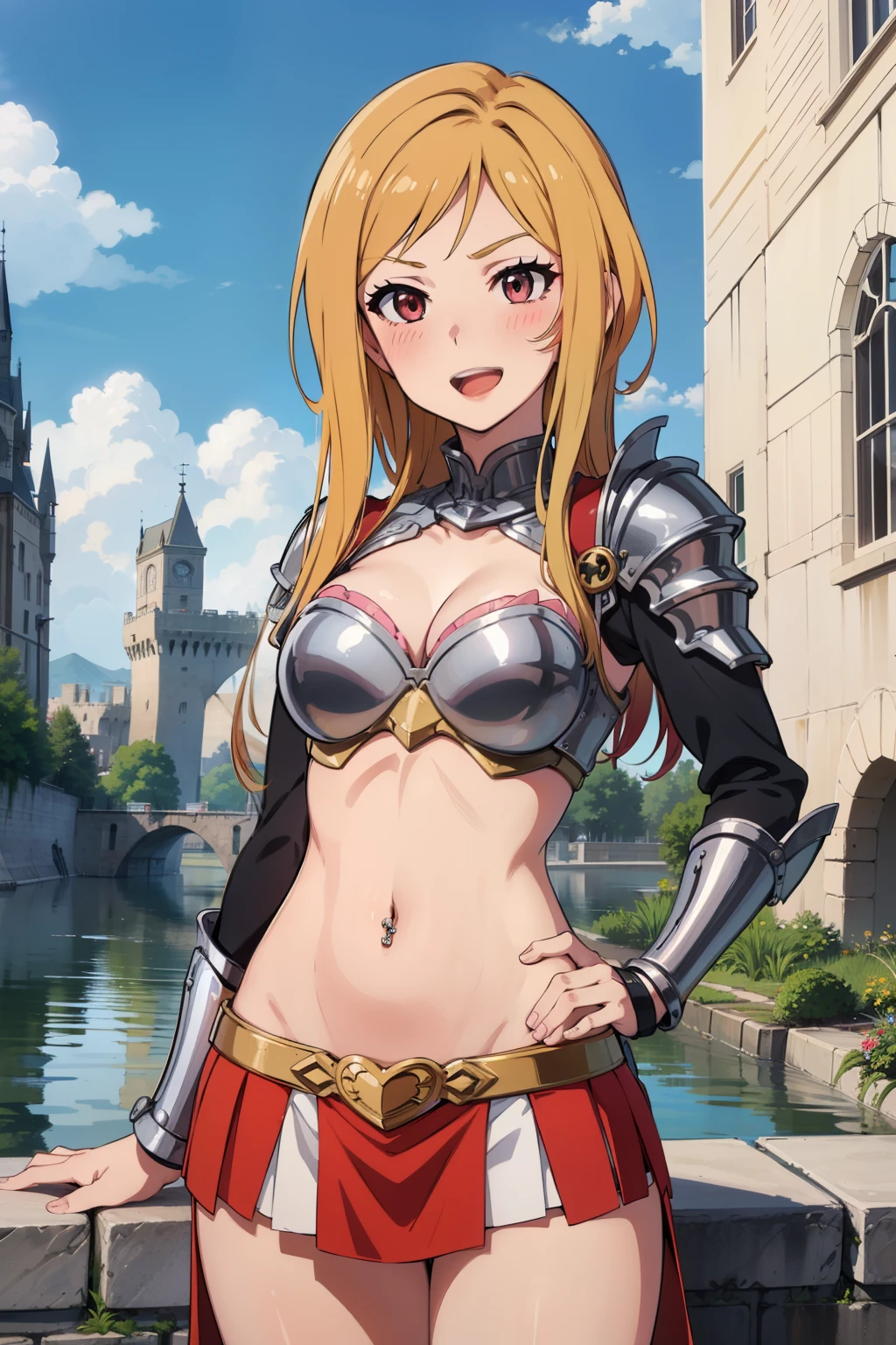 Rio Momose,  lipstick, blush, masterpiece, best quality, highly detailed, fantasy , a anime girls in armored dress holding a sword
posing for a picture, evil smile, smile, open mouth, breastplate with open cleavage, cleavage, warrior
outfit, ecchi anime style, anime girls, ecchi style, (nsfw) not safe for work, ecchi, digital anime art!!, in
anime style, official artwork, visual novel cg, beautiful anime girl, anime style 4 k , loincloth, exposed
belly, exposed navel, exposed midriff, exposed lower belly, pencil skirt armored, castle,inside castle,
navel piercing