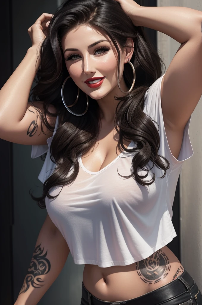 Lucy Pinder, Face Portrait, Red Lipstick, Smiling, Black Hair, Wavy Hair, Hoop Earrings, Silver T-shirt, Tattoos