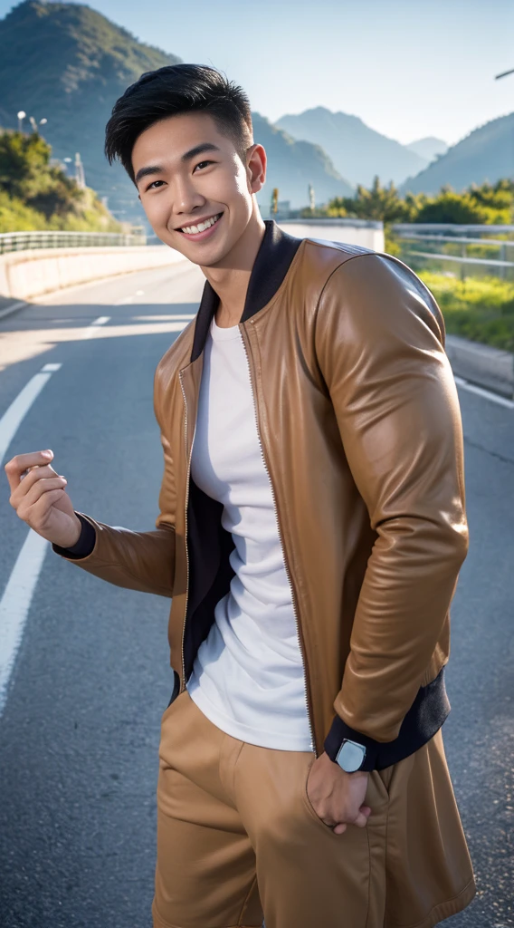 Masterpiece, best quality best, 1 young man, Asian man, East Asian people, one person, The muscles are in good proportion., Posing obscenely, short hair details,smile, white teeth, jacket set, road background, Realistic style,photography,Can be seen from the front, see viewers