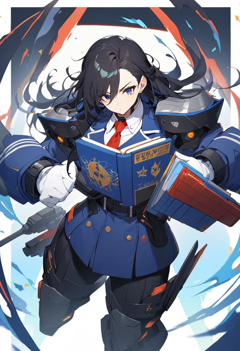 1girl, looks like teen, 6'0 tall, military uniform, blue uniform ,dark blue balzer, red tie, holding a book, messy black hair, using white artist glove