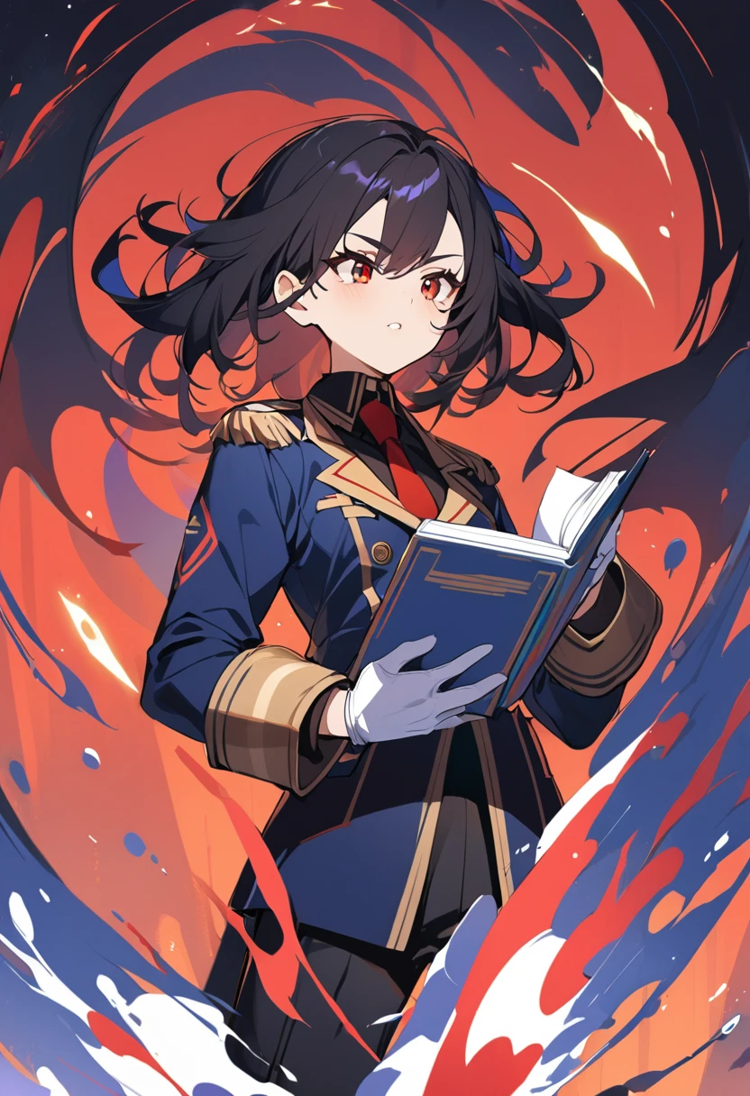 1girl, looks like teen, 6'0 tall, military uniform, blue uniform ,dark blue balzer, red tie, holding a book, messy black hair, using white artist glove