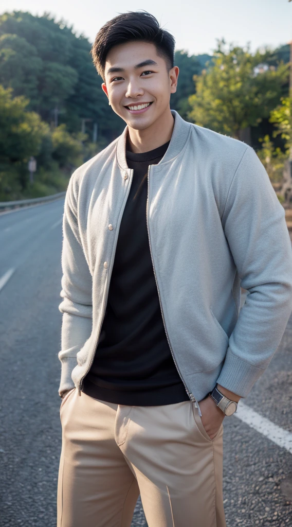 Masterpiece, best quality best, 1 young man, Asian man, East Asian people, one person, The muscles are in good proportion., Posing obscenely, short hair details,smile, white teeth, jacket set, road background, Realistic style,photography,Can be seen from the front, see viewers