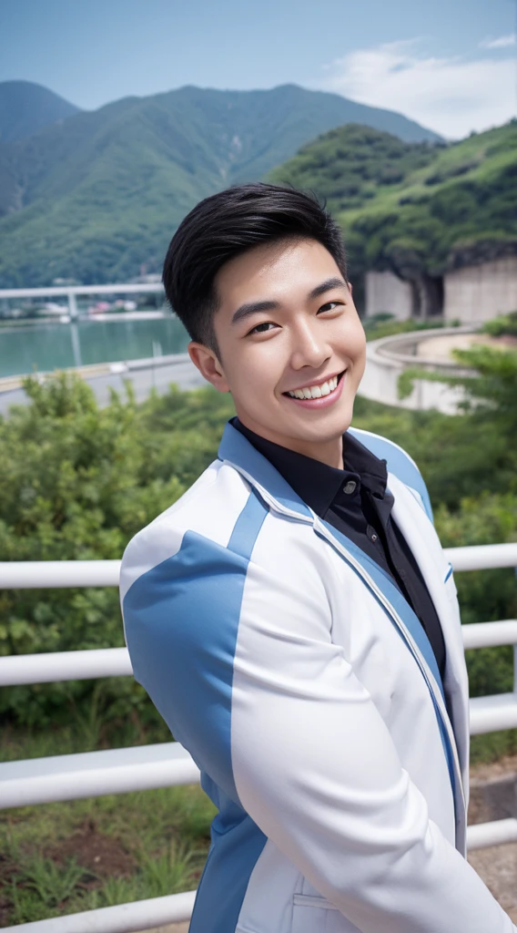 Masterpiece, best quality best, 1 young man, Asian man, East Asian people, one person, The muscles are in good proportion., Posing obscenely, short hair details,smile, white teeth, jacket set, road background, Realistic style,photography,Can be seen from the front, see viewers