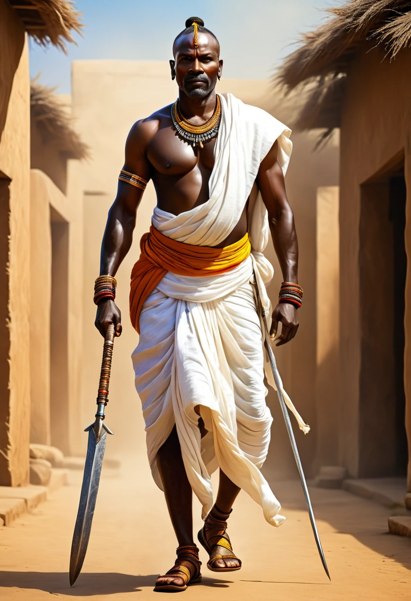 realistic illustration of 40 years old african warrier man , white dhoti, ancient times shoes, holding long blade, walking forward, ancient time, front view, full picture, bright colors, high resolutions