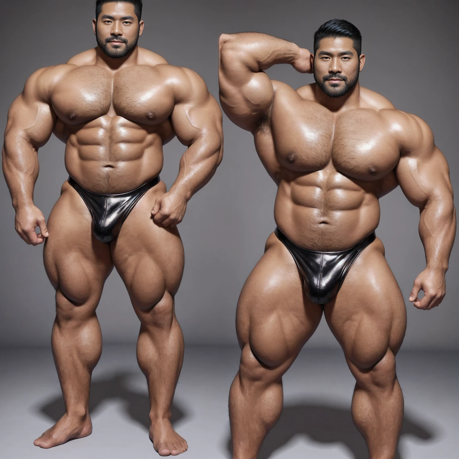 There is only one handsome Asian actor in the photo，35 years old，High target, Fitness，short hair, O-Shaped Beard，Perfect body, Dark skin color，Radiant Skin，Smooth skin，Shiny, shiny skin，Smooth pectoral muscles，No chest hair，No body hair，Muscle bulge, muscular, Very large pectoral muscles，Very sexy abdominal muscles，Very well-developed leg muscles，Huge concave and convex area，Brightens oily skin，Wearing black leather shiny thong，Handsome face， Correct and accurate male body proportions, Wear black socks，Standing in front of gray background。