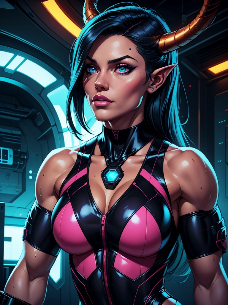 Zephyra-37's female gender was created from the human genome and has been heavily modified, has horns covered with skin similar to those of tiefling, has four skin colors that can change from green, red, orange and blue, has pupils like goat skin, can change from copper to smooth and rough ears  long and pointed, and her hair changes color to match the skin color all over her body, she can generate tattoos with various patterns as she desires, her iris changes color to an analog color to the skin and glows, her nails also glow, on her neck she has something that resembles a LED panel that lights up

 If Ava is a biological-mechanical hybrid, her body could be constructed from a combination of natural muscle tissue and cybernetic enhancements.  I can't give an exact percentage, but we can imagine that key components of her strength come from the muscles that are supported or strengthened by the mechanical implants.

 In such a configuration, Ava could achieve significant increases in muscle mass and strength by combining natural genetics with highly advanced technology that would enable her to do so.  In this way, her body could tell the story of the limits of human potential as they are expanded by cybernetics.

 Inside, Ava's natural muscles can be interwoven with thin fibers of nanomaterials that act as splints to support and strengthen the muscle structures without adding bulk.  These fibers could also monitor muscle health and deliver drugs or nutrients directly to the tissue when needed.

 sports tracksuit, cyborg, steroids, connection between the skin, cracked skin like cracked school, wet body, latex top, swelling muscles, eyes shadows, female, anime, bulgy muscle, v taper