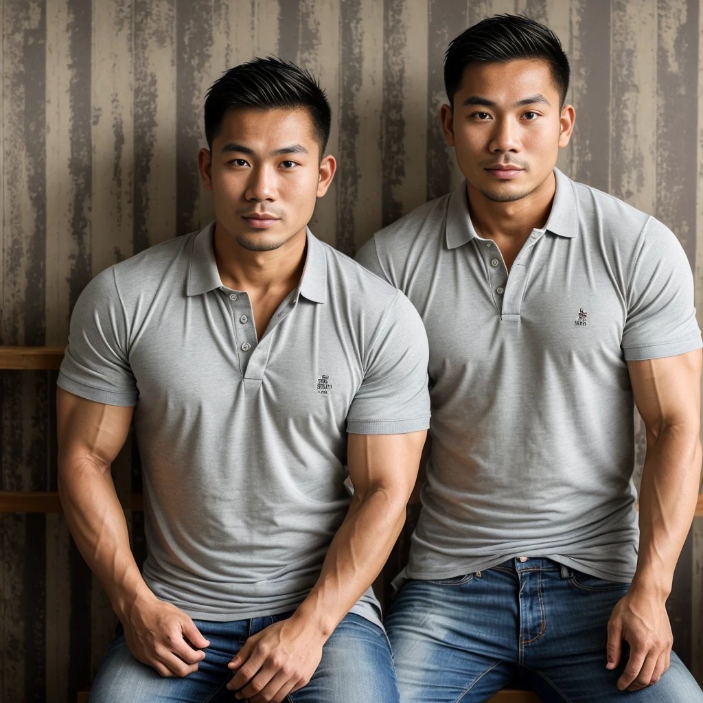 Thai man ,man,He is about 30 years old.,Rough and handsome appearance,Big muscles,large pectoral muscles,polo shirt park,Big waistline,chest hair,sitting on the roadside,Wearing the tongs,buzz cut, angry, sullen, best quality, Masterpiece,(Kitchen Background:1.5),(Have muscles:4.5),(fat:1.5),(gray hair:1.5 ),(gray body hair:1.5),(skin wrinkles:1.5),(shine on the skin:1.5),