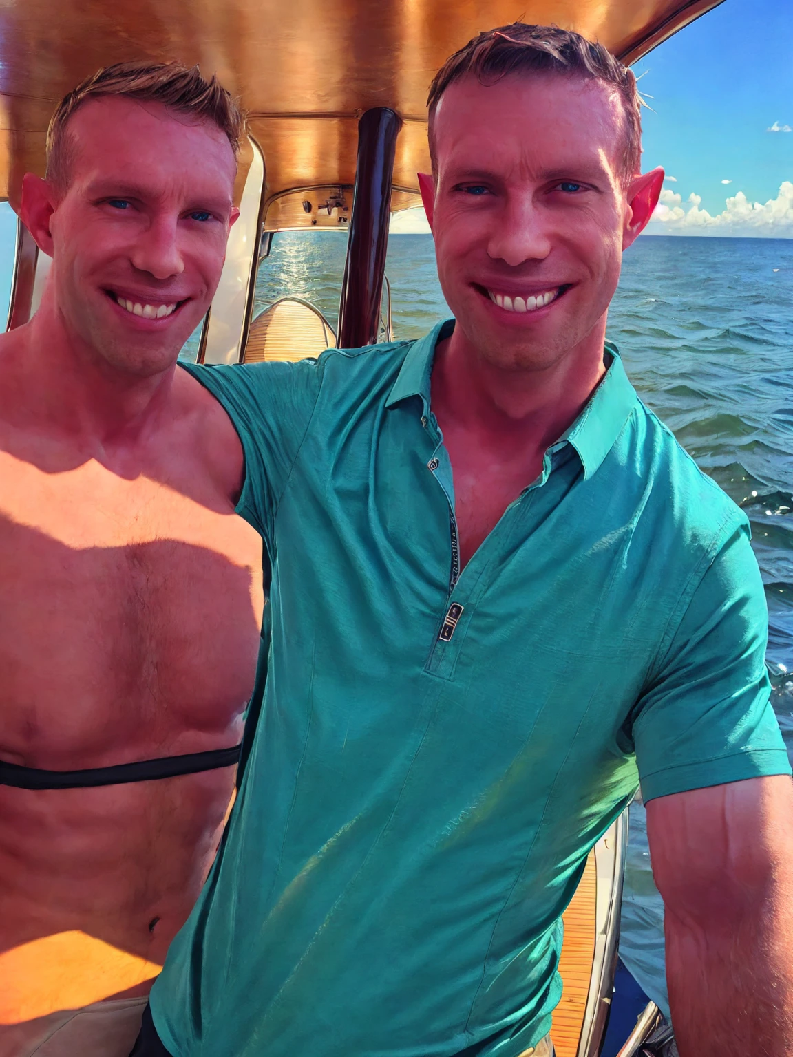 a handsome man, Todder8, Todder1 short hair, perfect facial features, RAW, UHD, 8K, looking at camera, on a yacht at sea, vacation photography, island paradise, colorful Hawaiian shirt, photorealistic, dynamic lighting, perfect day, [smiling]