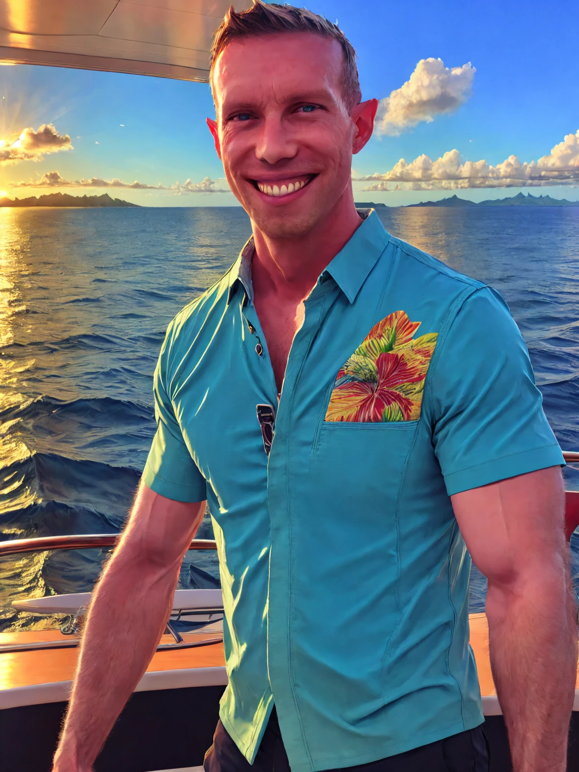 a handsome man, Todder8, Todder1 short hair, perfect facial features, RAW, UHD, 8K, looking at camera, on a yacht at sea, vacation photography, island paradise, colorful Hawaiian shirt, photorealistic, dynamic lighting, perfect day, [smiling]