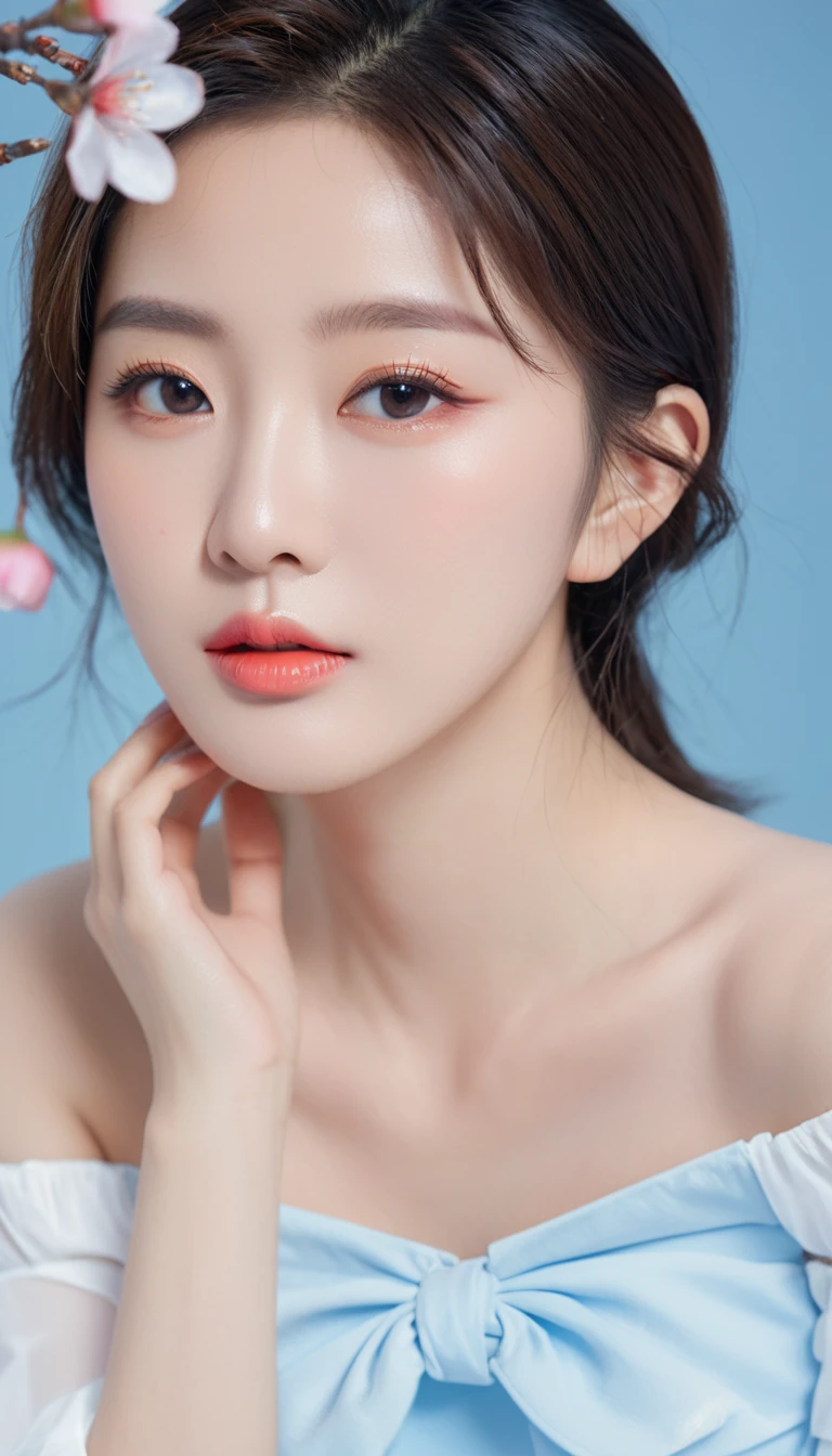 (8K, Human Development Report, high resolution), ((((photography, RAW photos, Surrealism, masterpiece, best quality, ultra high resolution)))), (Point light, Backlight, Backlight, light), Clear focus:1. 4, (Ultra Detail, Meticulous attention to detail), face close up, close up,, 1 Girl, Egg-Shaped Face,Cat's Eye, Small, plump lips, Cute straight nose, Slightly red cheekbones, Thick eyebrows and long, beautiful eyelashes.
