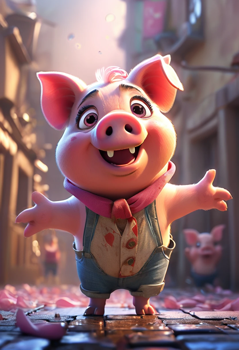 cute pink pig, cartoon,arms, hands ,cute eyes, big pig ears,looking at viewer, arms up, dirty effects, particles, random, dirty background, clothes, dirty