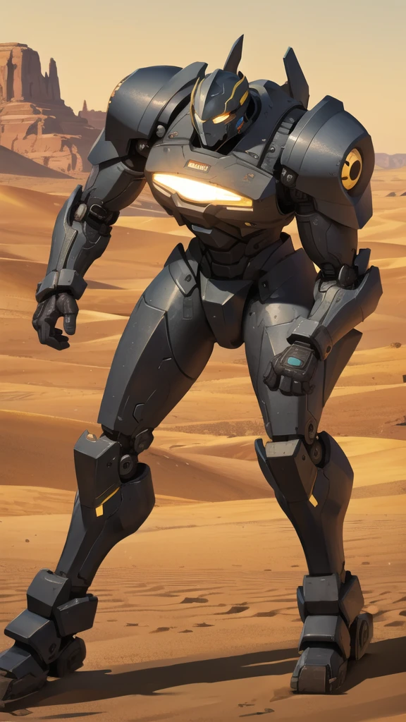 Full body war robot with yellow eyes and ruined background. Desert