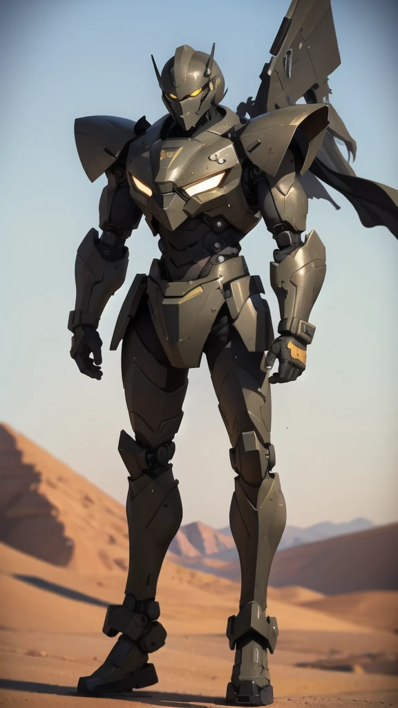 Full body war robot with yellow eyes and ruined background. Desert