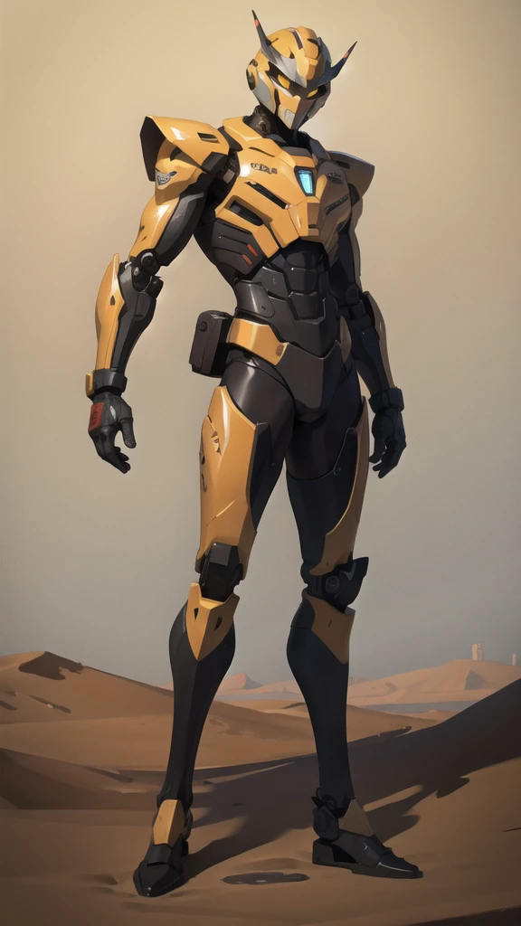 Full body war robot with yellow eyes and ruined background. Desert