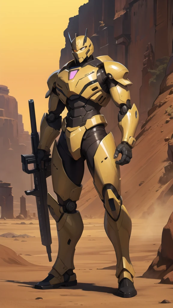 Full body war robot with yellow eyes and ruined background. Desert