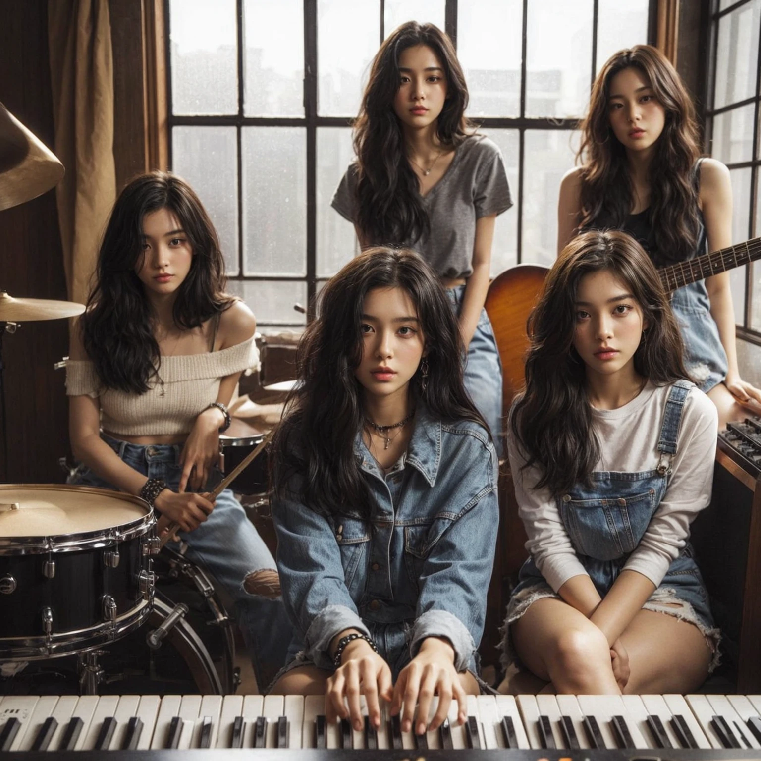 **Photo of 5 beautiful girls, aged 18 to 20, sitting:**
- **3 girls with messy black hair**
- **1 girl with wavy bob black hair**
- **1 girl with a black ponytail**
One girl is playing the drums, one girl is playing the piano, one girl is playing the bass guitar, one girl is playing the guitar, and one girl is singing. They are sitting behind a board with the word "ECHO" written on it. The background is a music studio, complete with drums, guitars, bass guitar, and piano. The image is ultra HD, 4k, photorealistic, raw, and a masterpiece.