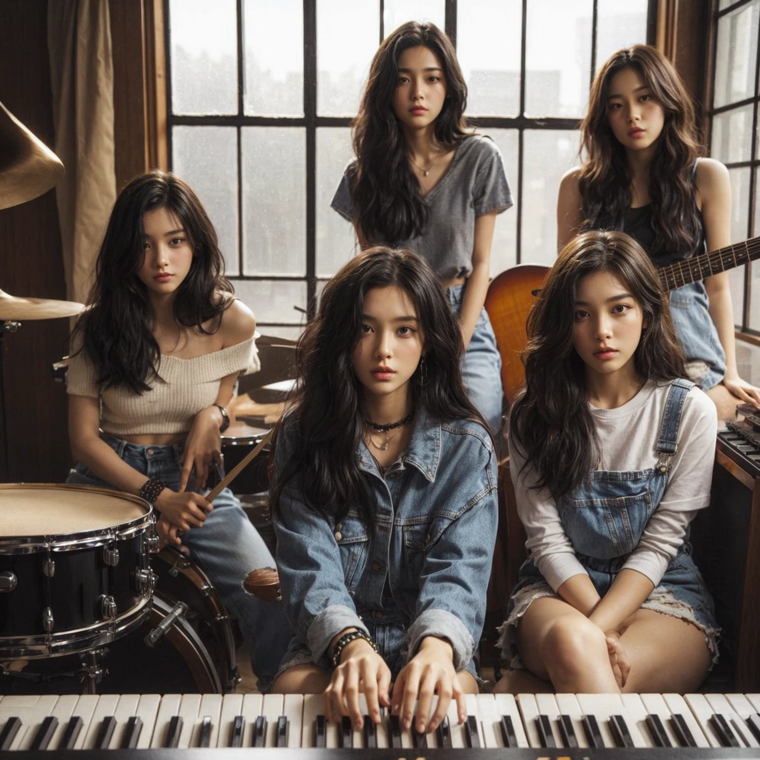 **Photo of 5 beautiful girls, aged 18 to 20, sitting:**
- **3 girls with messy black hair**
- **1 girl with wavy bob black hair**
- **1 girl with a black ponytail**
One girl is playing the drums, one girl is playing the piano, one girl is playing the bass guitar, one girl is playing the guitar, and one girl is singing. They are sitting behind a board with the word "ECHO" written on it. The background is a music studio, complete with drums, guitars, bass guitar, and piano. The image is ultra HD, 4k, photorealistic, raw, and a masterpiece.
