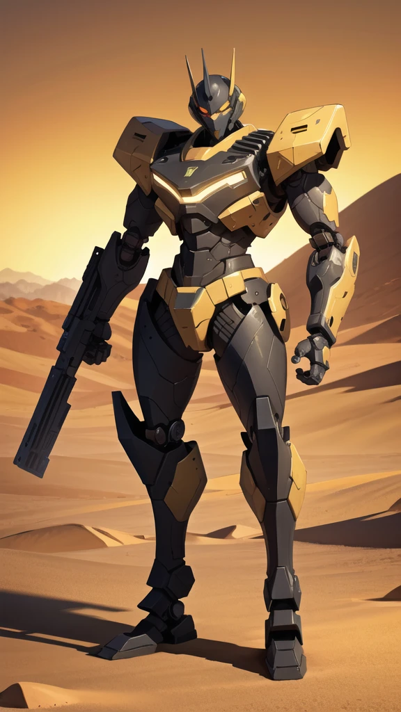 Full body war robot with yellow eyes and ruined background. Desert