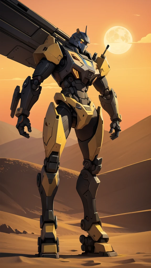 Full body war robot with yellow eyes and ruined background. Desert