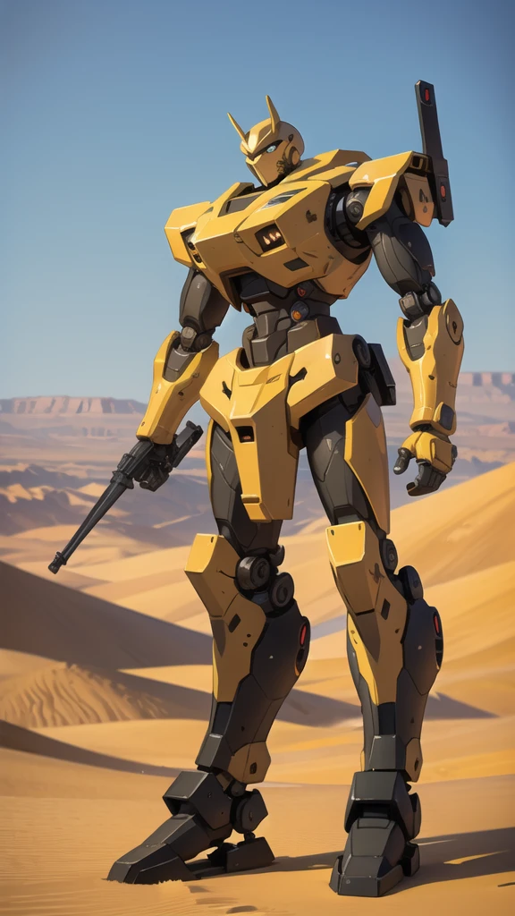 Full body war robot with yellow eyes and ruined background. Desert