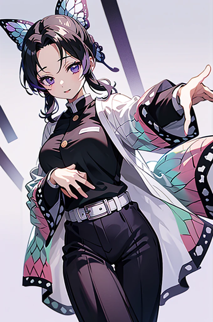 (masterpiece:1.3), (best quality:1.1), (8k, ultra detailed, ultra high res:1.2), ((anime style)), perfect 5 fingers, perfect anatomy, 
1girl,
Shinobu Kochou, 
BREAK long hair, wavy hair,  
black hair, hair intakes, gradient hair, 
purple eyes, 
bow in hair, butterfly, 
(large breasts:0.9),  
BREAK black shirt, black tethered pants, white haori, 
looking at viewer, 
cowboy shot, perfect light, indoor, 