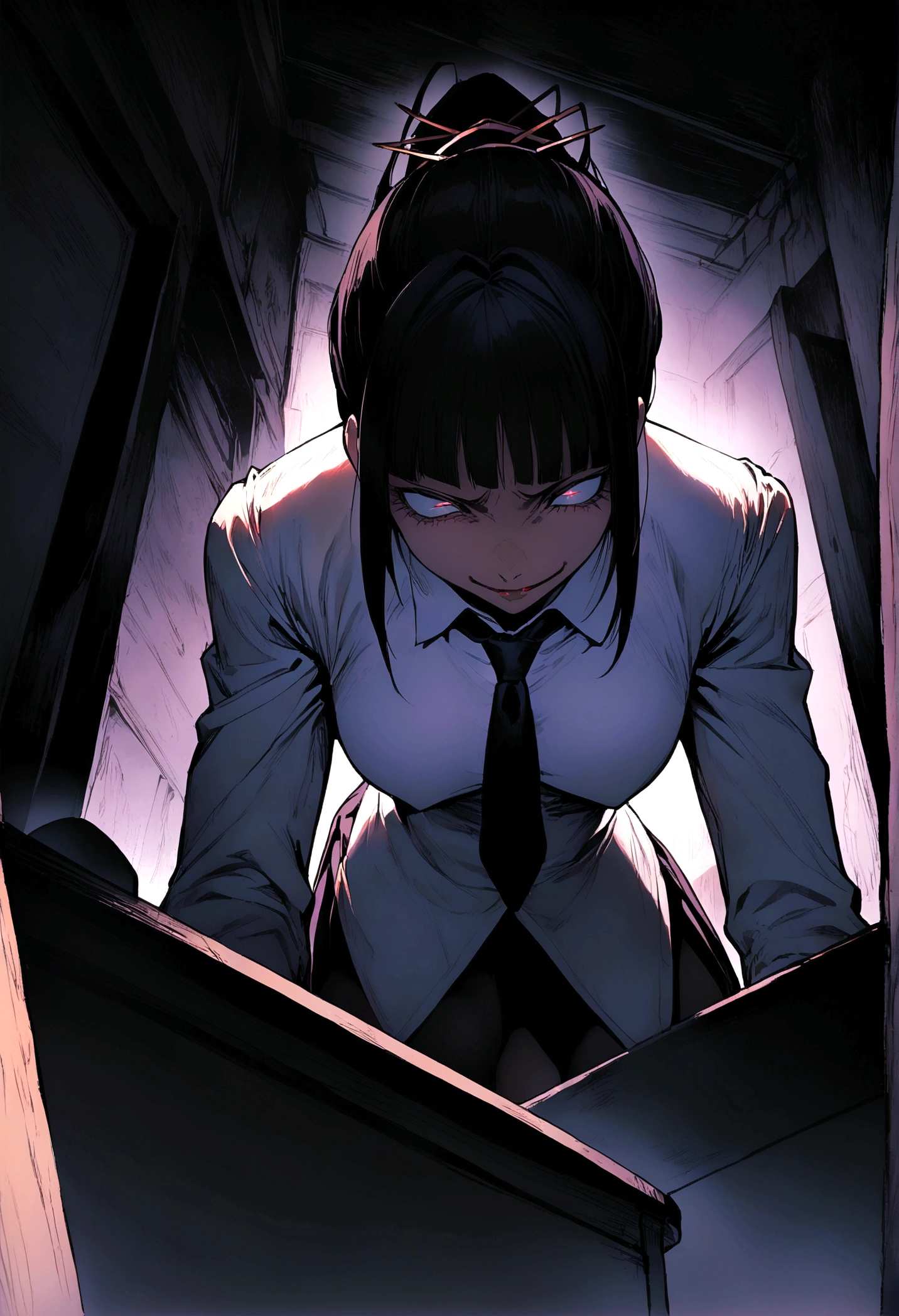 Juri Han, artwork, tight white secretary shirt with black tie, skirt short preta, skirt short,sock, Bblack hair, blackstockings,evil smile,DESK,bangs on the eyes,lighting,horn of hair,view from the bottom,looking to the down