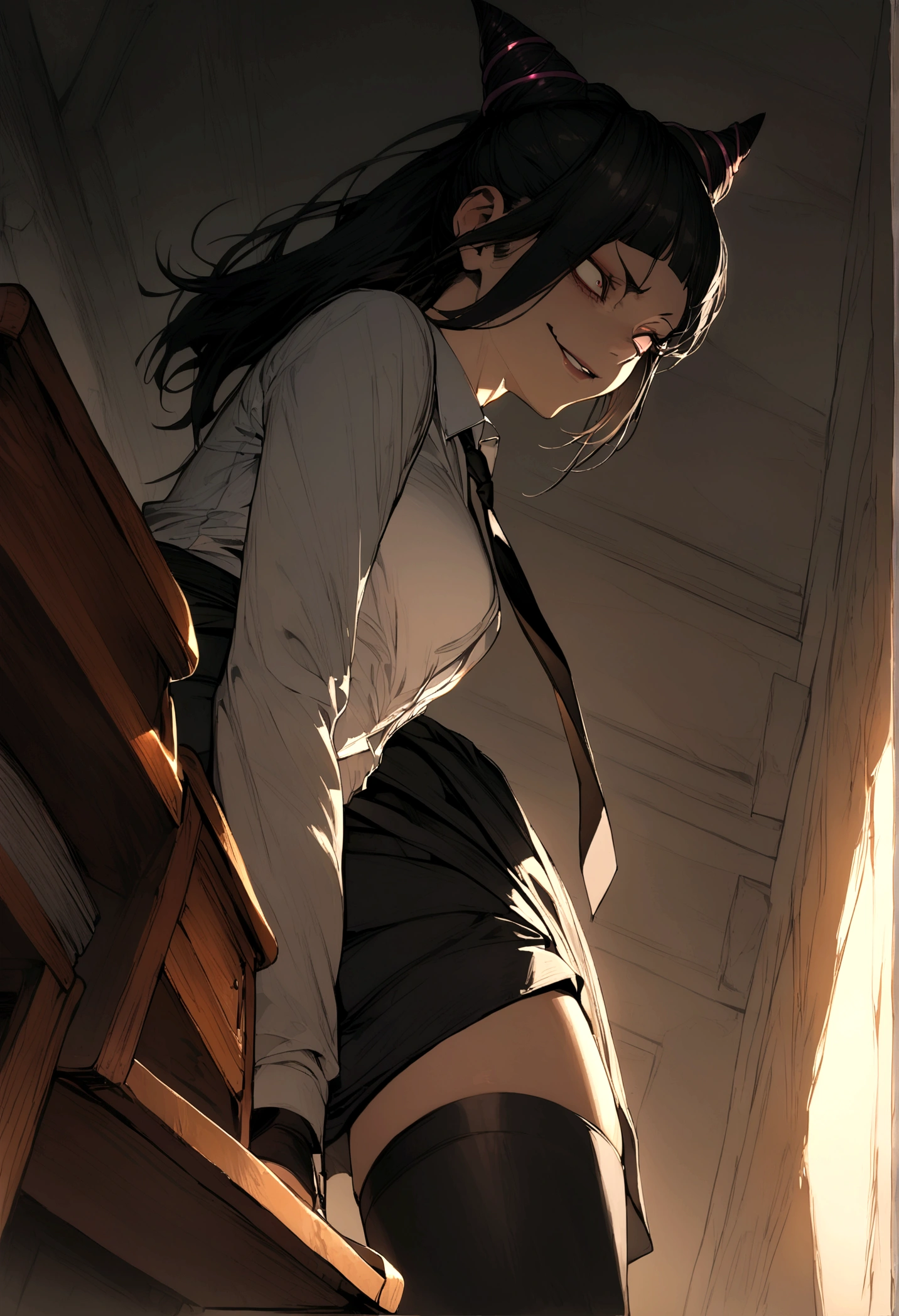 Juri Han, artwork, tight white secretary shirt with black tie, skirt short preta, skirt short,sock, Bblack hair, blackstockings,evil smile,DESK,bangs on the eyes,lighting,horn of hair,view from the bottom,looking to the down