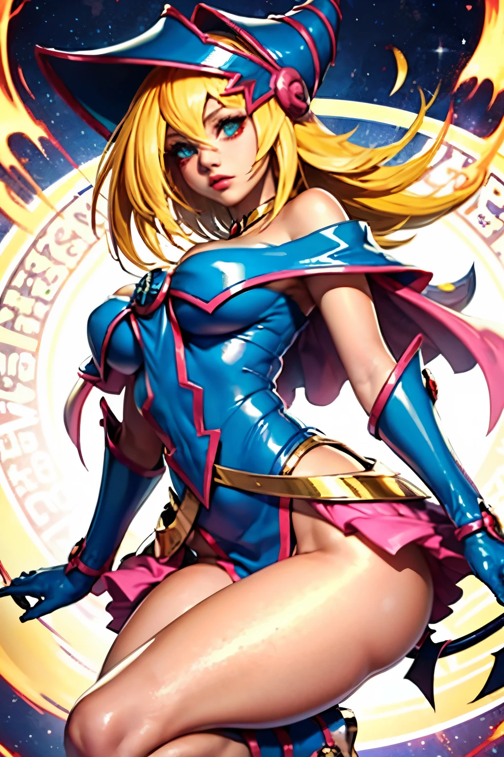 Beautiful dark mage (Masterpiece: 1.2, The best quality), (1 , only), big breasts, (dynamic posture), (shiny skin, Redskin carmesí), Redskin carmesí, Dark Magician Girl Sezy Demon Version, Redskin, Thin and lace gloves, ( little demon horns:1.1), (Lilith \(dark stalkers\)), (sky), fringe, (joya, golden ornament:1.15 ), pelvis grande, blue (shackles:1.1) Dark Magician Girl Sexy Demon Version. Magic circle and magic hearts.