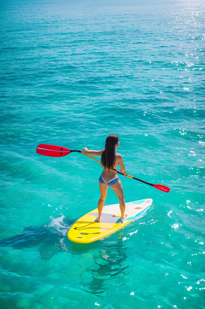 Enjoying stand-up paddleboarding in the clear waters of Okinawa. Top quality, masterpiece, detailed, highest image quality, 12K