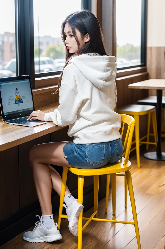((Highest quality, 8K, masterpiece: 1.3)),RAW Photos,Realistic atmosphere,Lens flare, Ray Tracing,(Detailed beautiful white skin:1.3),Beautiful Japanese, shiny light brown hair,Beautiful breasts,(Sexy facial mole),He is sitting on a high chair in a stylish cafe and using his computer.,Angle from the ground、Angle from behind、Thin calves and thighs、sneakers、hoodie、Shorts