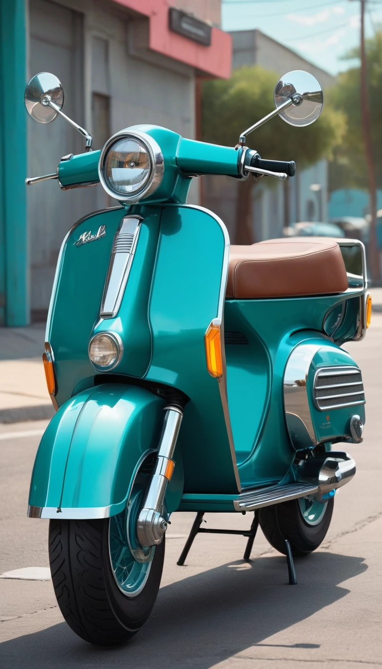 Close up of a teal scooter,Headlights on, custom scooter, Inspired by Alex Petruk APe, Cute future vehicle, Mopeds, Inspired by Scott Listfield, Shake the motorcycle, Inspired by Chris LaBrooy, Concept Art h 8 0 0, by Ben Zoller, highly realistic concept art, Highly detailed ultra realistic vintage