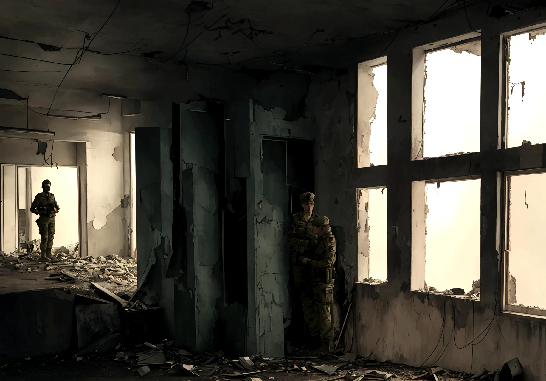 both soldiers standing together in a abandoned apartment building
