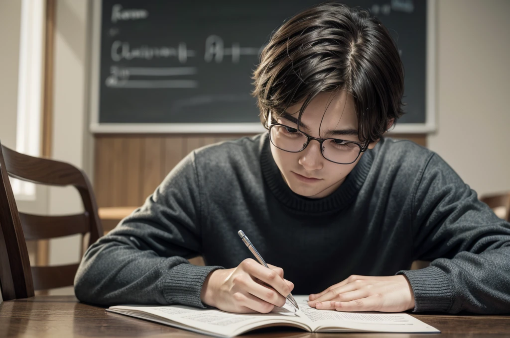 Academic studying Calculus Sitting at a table with notebook He is happy but worried ultra realistic, 8 k quality, fullHD