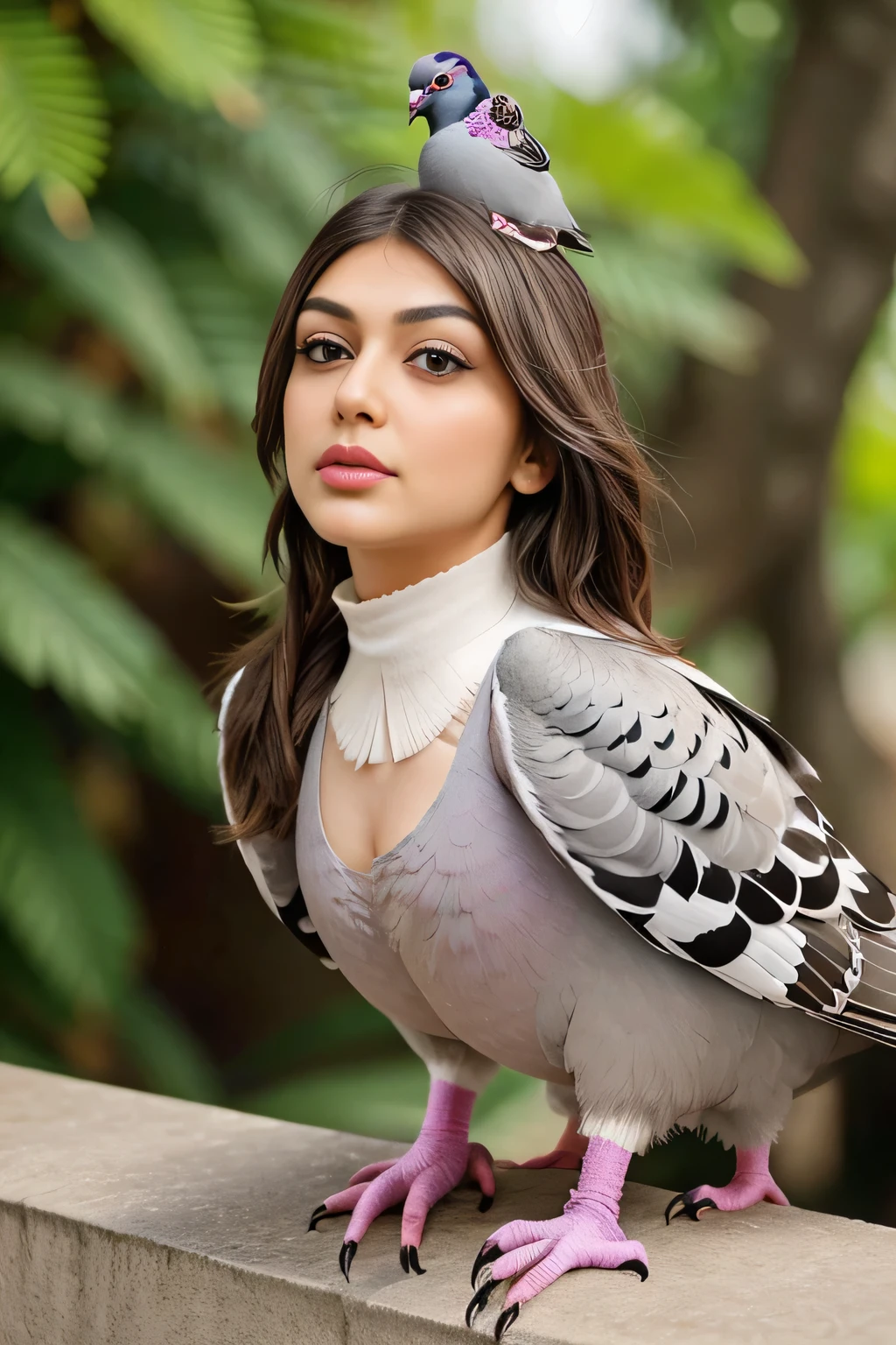 Hansika Motwani is a pigeon bird, She is a bird but her head looks like girl, from neck to full body looks like pigeon bird. Pigeon legs, pigeon wings. Bird body, pigeon body., perfect picture, perfect bird, real bird. Real head replace with pigeon head. Replacement of pigeon head with Hansika head. Replacement of face with pigeon