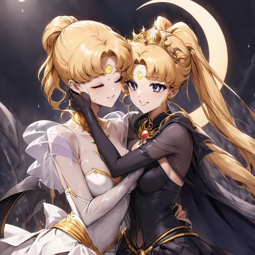 ((Highest quality)), ((masterpiece)), (detailed), (Perfect Face)、Black moon mark on forehead、The woman is Black Serenity, the noble dark queen of the Black Moon clan and has blonde hair.2The woman with long hair tied in a ponytail is Princess Serenity, and she is embracing the strong and evil demon king, kissing him and getting married.、The woman has a black inverted crescent moon mark on her forehead, a gorgeous and glittering black gothic Victorian dress, a black veil and a black see-through cape, and is wearing luxurious jeweled accessories. She is the Queen of Darkness, the jet-black Princess Serenity, looking at the camera with a happy expression, and has the expression of a maiden in love.