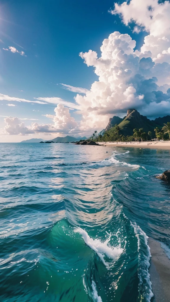 (Highest quality,masterpiece:1.3,Ultra-high resolution),(Super detailed,Caustics,8K), (Photorealistic:1.4, RAW shooting),The sea sparkling with reflected light,Blue sky,White cloud,Tropical Island,Palm tree,sun,Natural light,Low position,Low - Angle