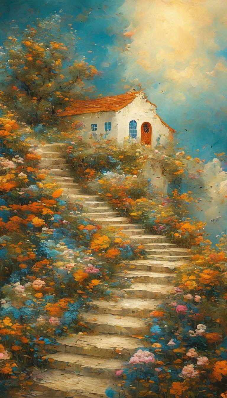 A beautiful ethereal landscape, a long white cloud staircase leading to a door in a Quiet blue sky, Fluffy soft white clouds, Small Crescent,Like a dream, excellent, (best quality, 4K,8K, high resolution, masterpiece :1.2), Very detailed, (Practical, photopPractical, Photo Practical :1.37), landscape, fantasy, Dramatic Lighting, Vibrant colors, Quiet, calm, calm, Ethereal atmosphere