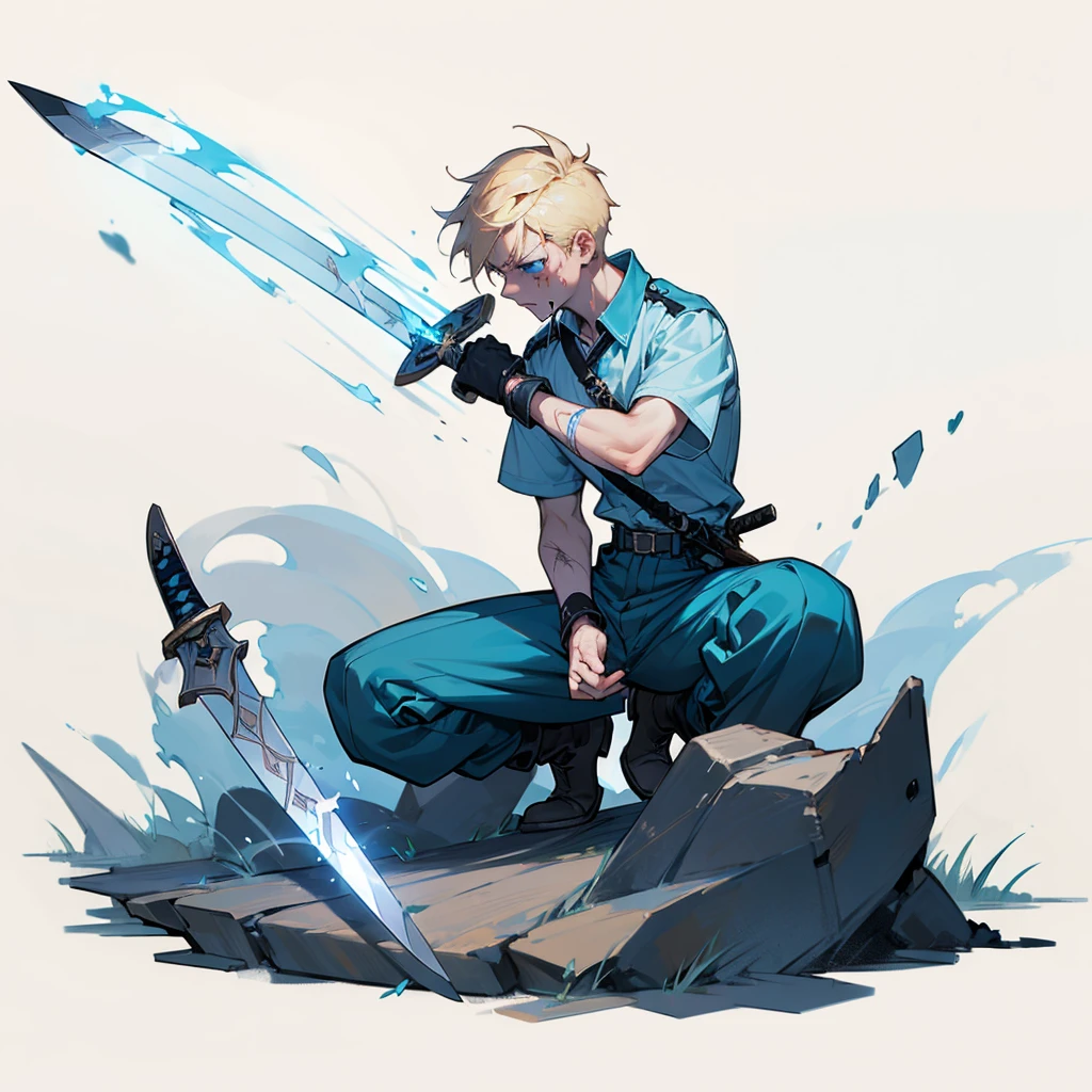 1character, Full body version, Viking boys, 1boys, albino skins, blue eyes, faux hawk hair, blonde colour hair, blue short sleeve shirt, blue trousers, boots, His clothes were , his face was flowing with blood, his hands were bleeding, he had wounds, his face was bleeding, his body was bleeding, ((long sword in hand, in a fighting pose, the long sword emits blue light, lightning flashes in the blade)), Grassroots, full background in a wide field, gusts of wind, the silhouette of moonlight, the moon, at night, the stars in the night sky 