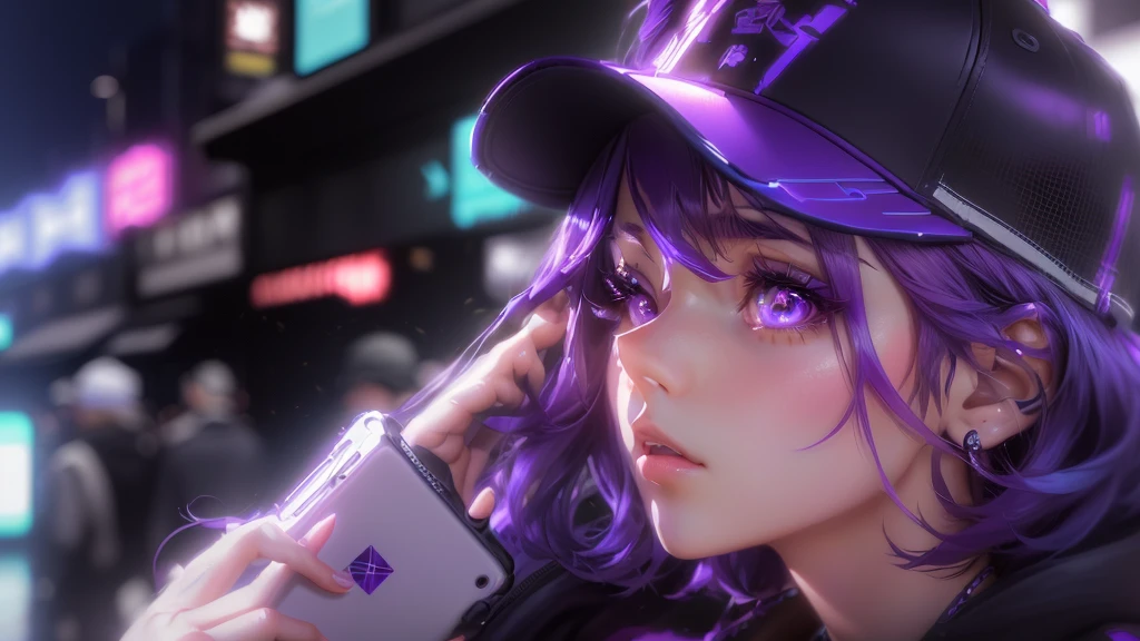 anime girl with purple hair wearing a baseball cap and holding a cell phone, anime style 4 k, ilya kuvshinov. 4 k, ilya kuvshinov face, anime cyberpunk art, digital cyberpunk anime art, kuvshinov, digital art ilya kuvshinov, cyberpunk anime art, modern cyberpunk anime, neon noire, detailed digital anime art