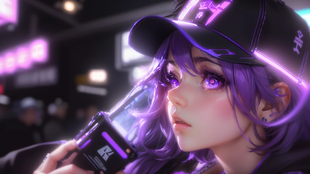 anime girl with purple hair wearing a baseball cap and holding a cell phone, anime style 4 k, ilya kuvshinov. 4 k, ilya kuvshinov face, anime cyberpunk art, digital cyberpunk anime art, kuvshinov, digital art ilya kuvshinov, cyberpunk anime art, modern cyberpunk anime, neon noire, detailed digital anime art
