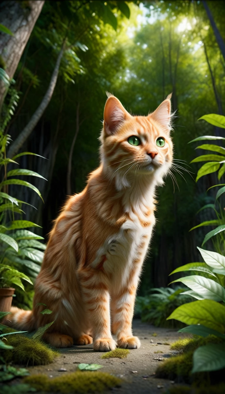 Whiskers( the orange tabby with bright green eyes,) stands alone, looking small and scared among the towering jungle trees. The light filters through the canopy, casting dappled shadows. Whiskers’ green eyes are wide with fear, and his fur is slightly ruffled.