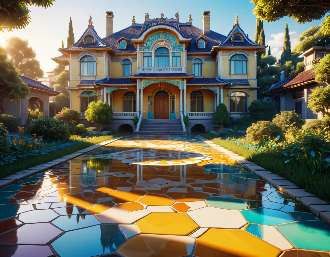 Abandoned and dilapidated mansion in a suburban neighborhood, elegantism, insane detail, lighty and shiny beautiful voronoi swirl light chaotic vivid bold surreal landscape,chinese porcelain tile way,golden hour,Reflective Organic 3D HD, [{one}({liquid plasma with {pearly white and cream yellow glossy topaz}plasma)[::2,expansive psychedelic background,realistic 4k ultra detailed,sharp focus,vibrant colors,high saturation,high contrast,very high resolution,Unreal Engine,HDR,8k