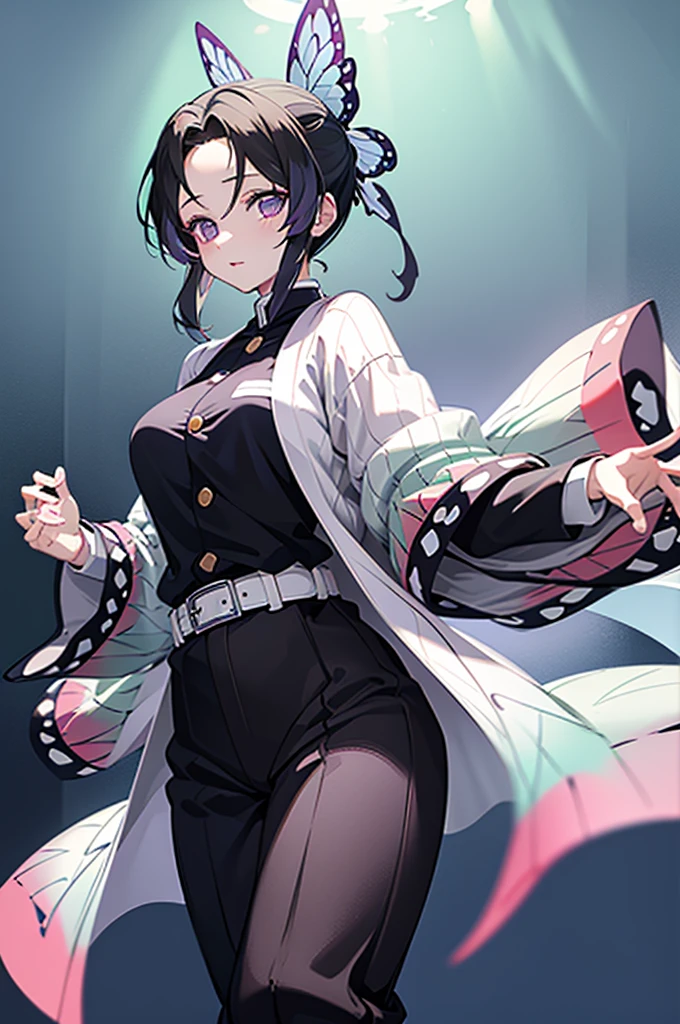 (masterpiece:1.3), (best quality:1.1), (8k, ultra detailed, ultra high res:1.2), ((anime style)), perfect 5 fingers, perfect anatomy, 
1girl,
Shinobu Kochou, 
BREAK long hair, wavy hair,  
black hair, hair intakes, gradient hair, 
purple eyes, bow in hair,
(large breasts:0.9),  
BREAK black shirt, black tethered pants, white haori, looking at viewer, 
BREAK cowboy shot, perfect light, background of indoor, 