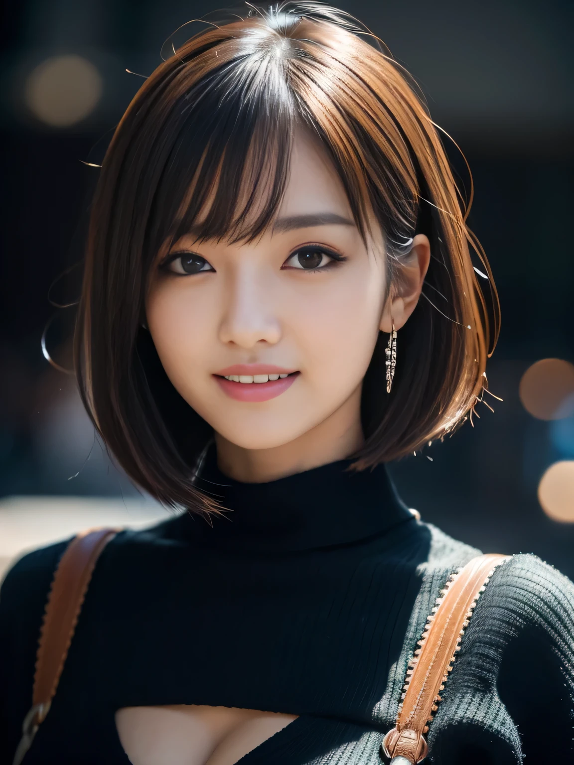 masterpiece, best quality, ultra-detailed, intricately detailed hyperdetailed, realistic, sharp features, highly detailed, sharp focus, Japanese idol, perfect face, perfect symmetrically perfect eyes, perfect full lips, flexible female form, cinematic, film light, hyper detailed, hyper realistic, high resolution, vibrant, dynamic studio lighting, Dark background, short hair, straight Bangs, brown Eyes, Black sweater, Portraiture, (Mischievous smile),